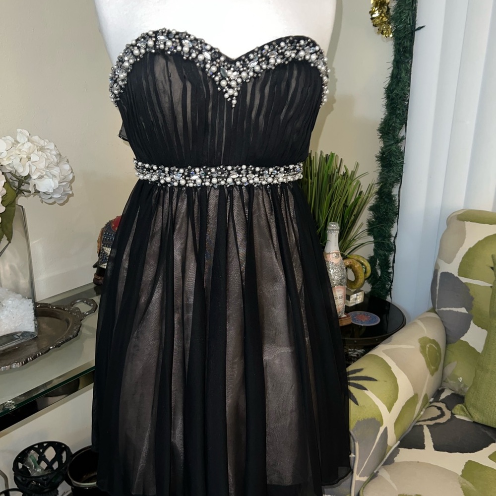 Sequin Hearts Black Strapless Dress with Silver Accents